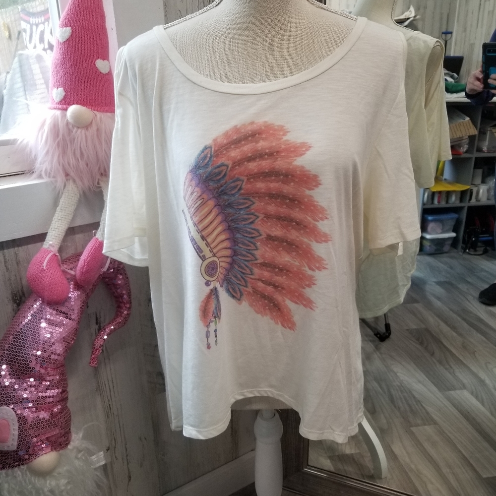 Boho Style Cold Shoulder Hi-Lo Shirt Headdress print